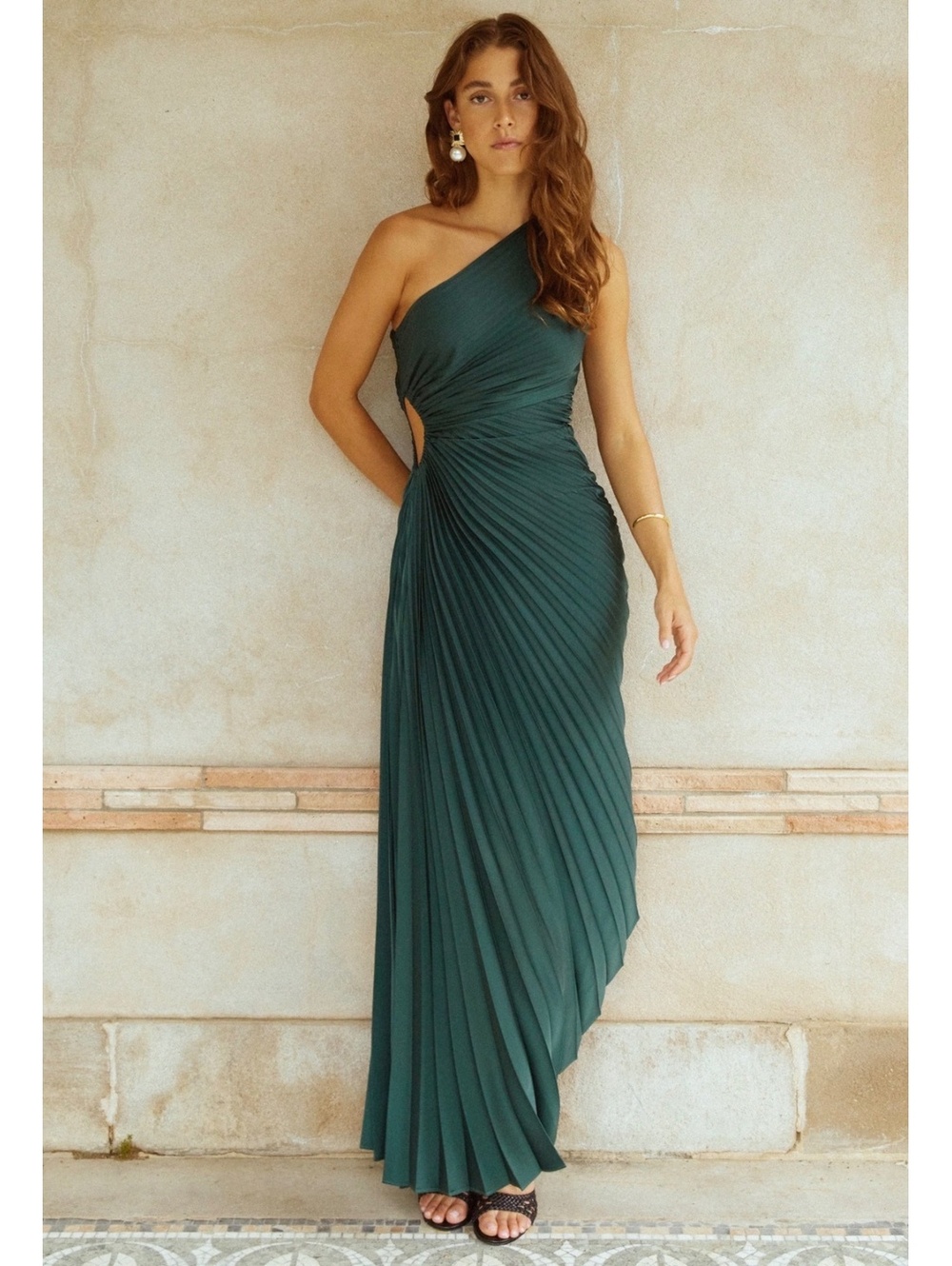 NWT o.p.t By Few Moda Perko One Shoulder Maxi Dress Size Medium Dark Green